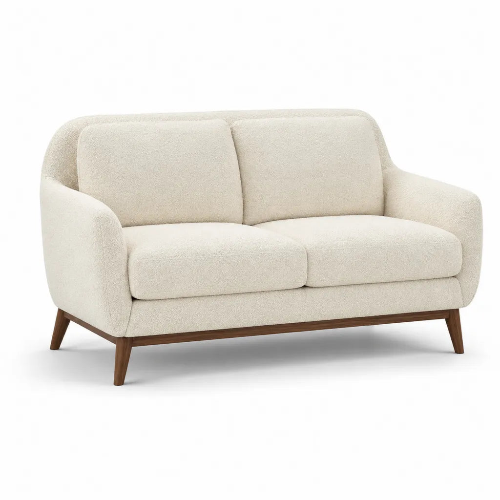 Canape 2 places arrondi en polyester bouclette ecru avec pieds en hevea massif 160 x 85 x 82 cm