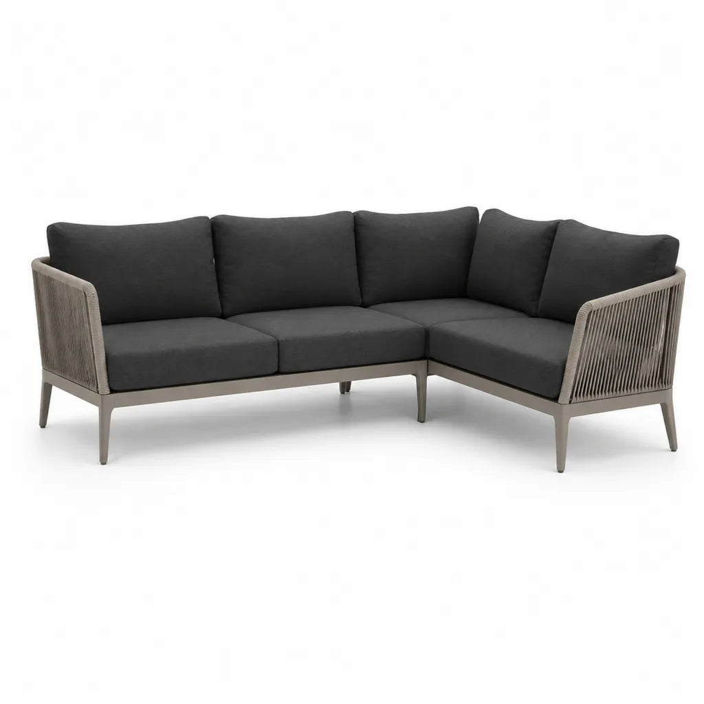 Canape d'angle de jardin 3 places en aluminium et corde polyester gris anthracite taupe 220 x 160 x 78 cm