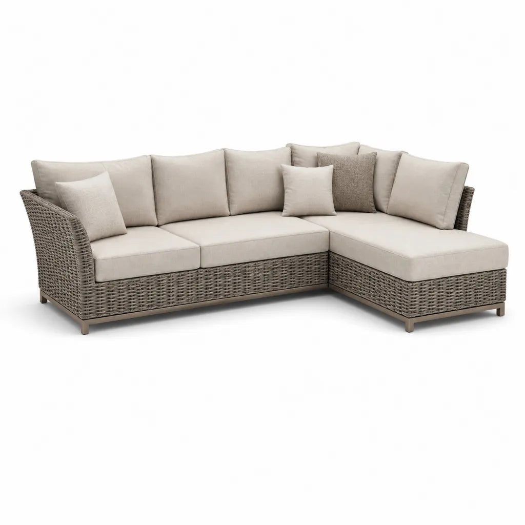 Canape de jardin d'angle 3 places en resine tressee PE beige 250 x 160 x 85 cm