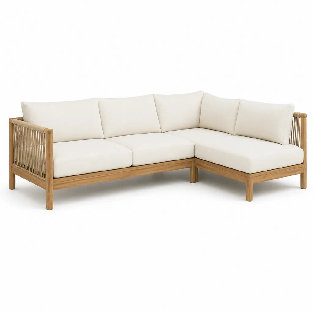 Canape de jardin d'angle 4 places en acacia massif avec cordage polyester et coussins ecrus 220 x 220 x 70 cm