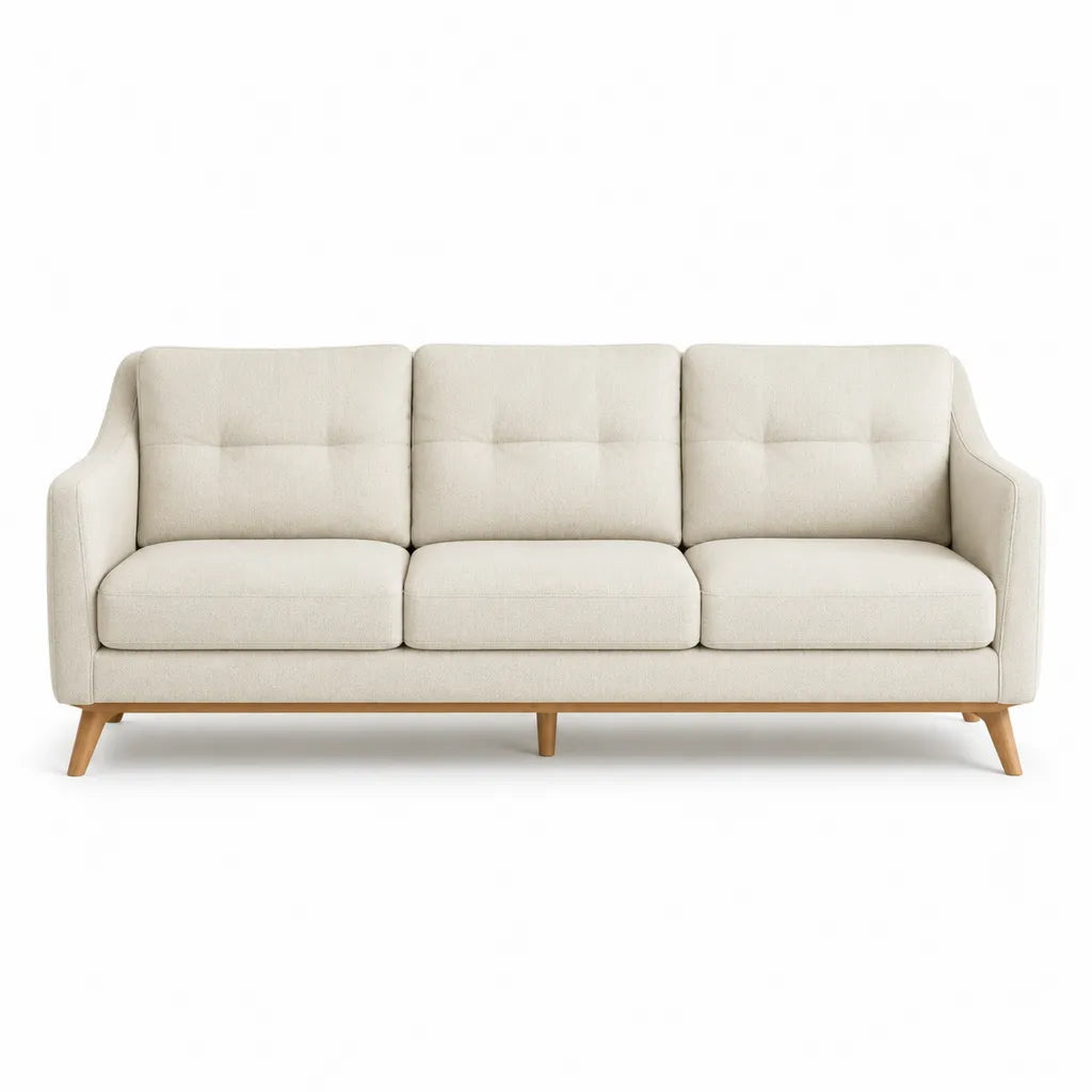 Canape droit 3 places en polyester ecru avec pieds en bois massif 210 x 88 x 86 cm
