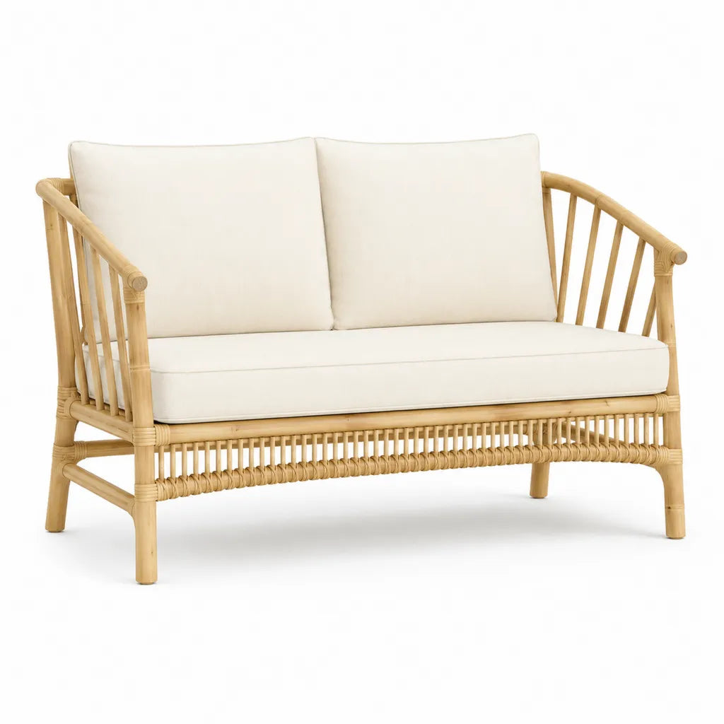 Canape de jardin 2 places en bambou naturel avec coussins en polyester ecru 122 x 70 x 80 cm