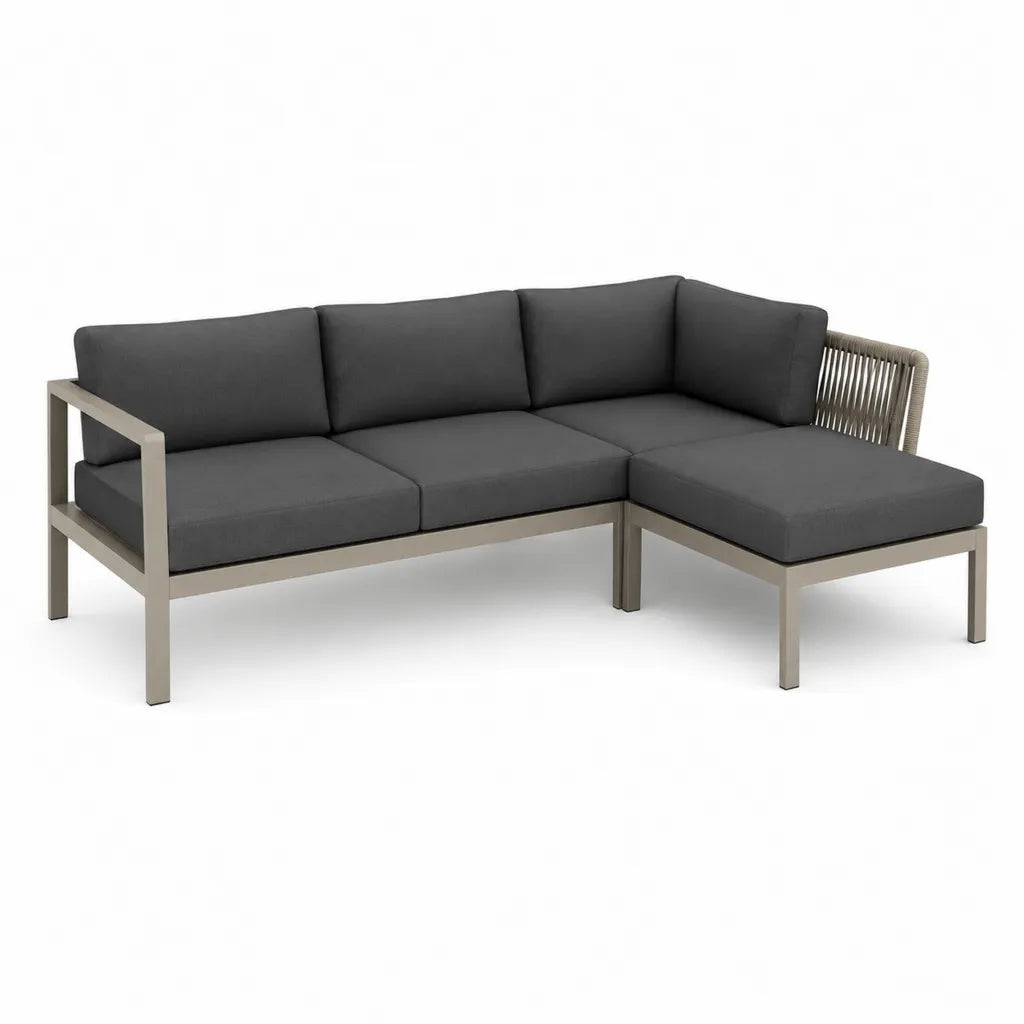 Canape de jardin d'angle 3 places avec meridienne en aluminium gris 210 x 140 x 75 cm