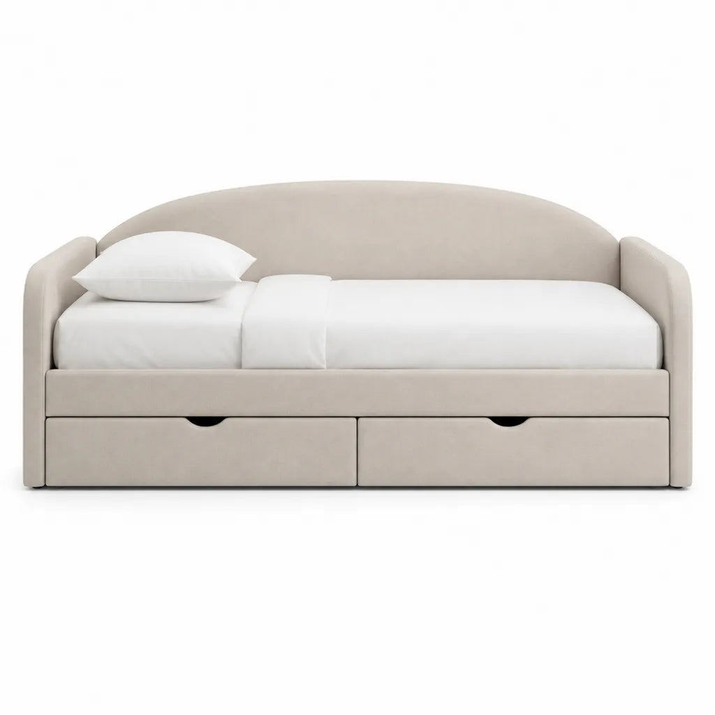 Canape-lit 1 place avec 2 tiroirs en polyester beige forme arrondie 90 x 200 cm