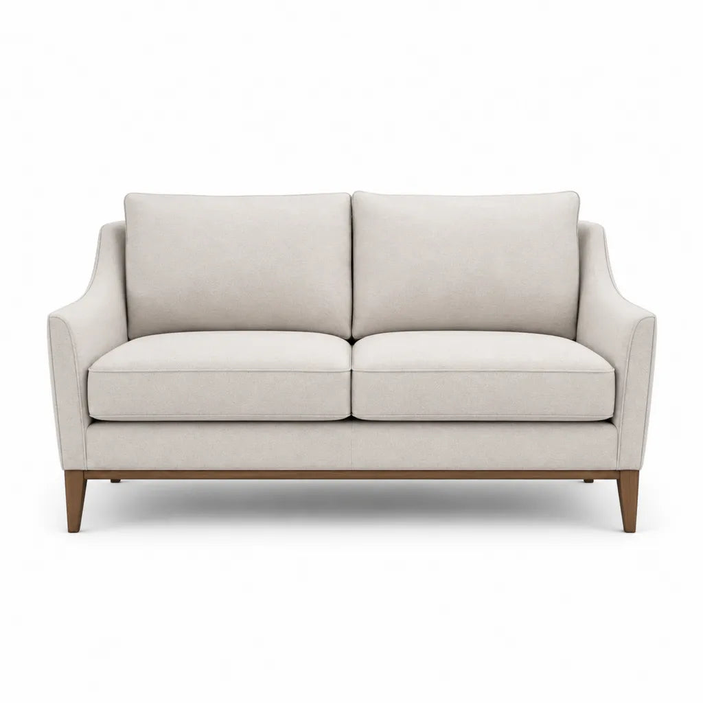 Canape 2 places droit 150 x 86 x 86 cm en polyester beige avec pieds en hevea massif