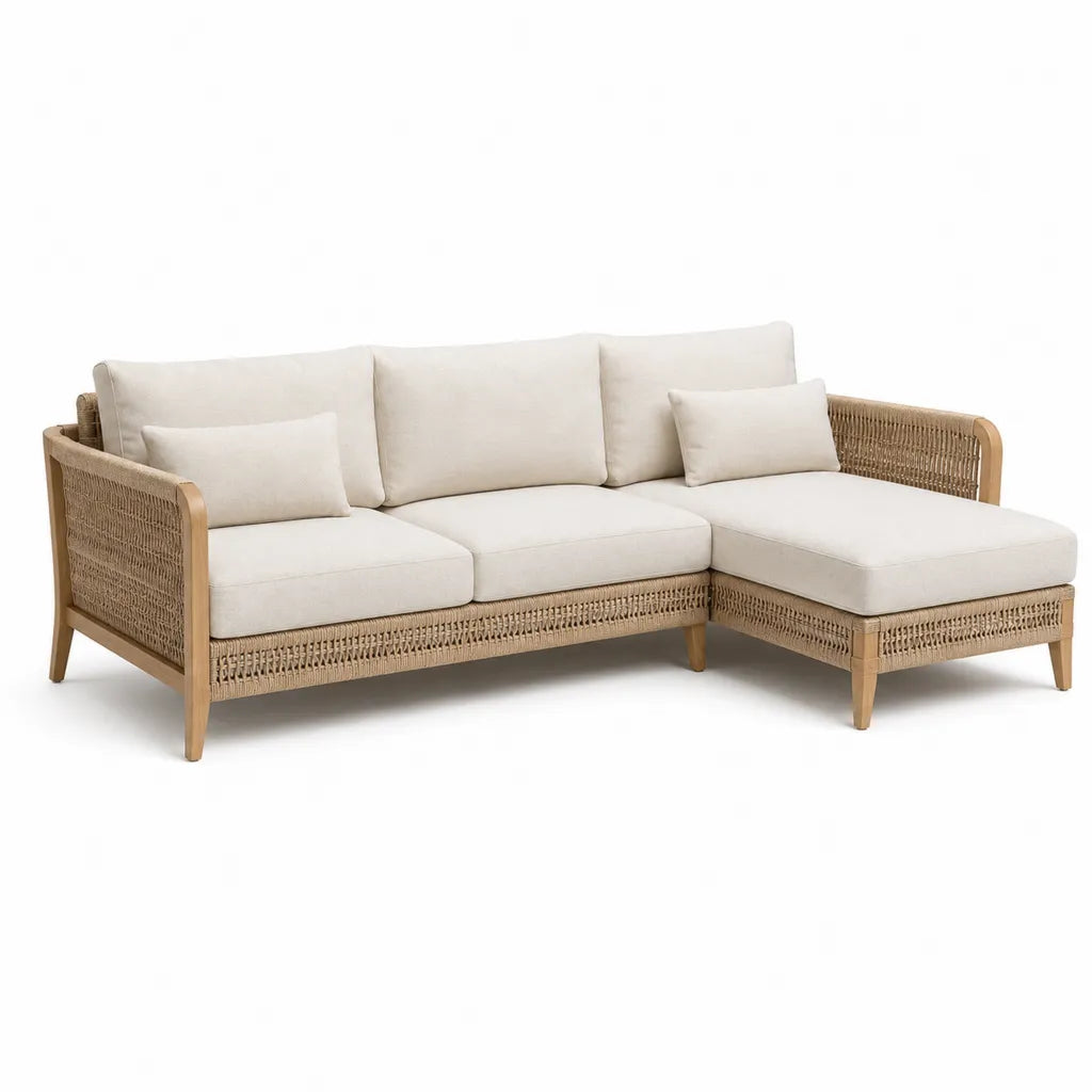 Canape de jardin d'angle 3 places en acacia massif et corde PP beige 230 x 150 x 75 cm