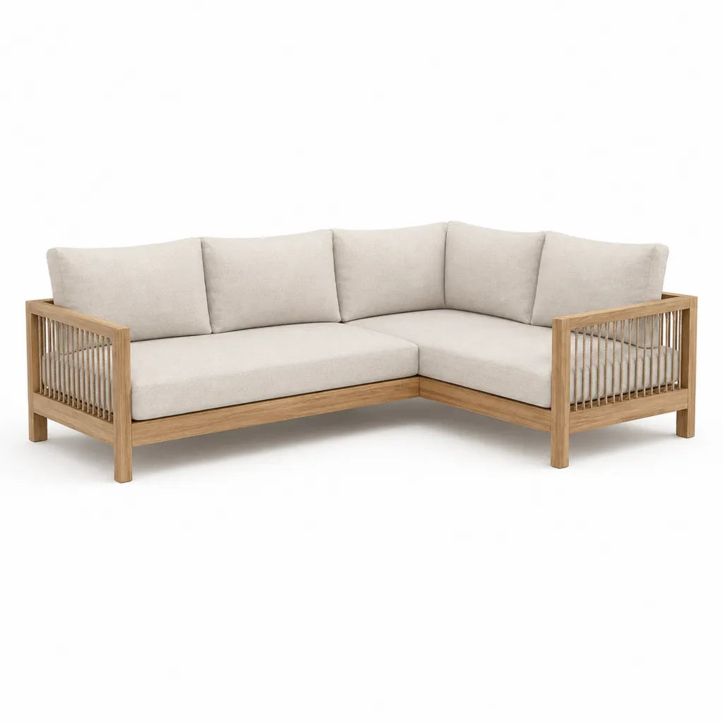Canape d'angle de jardin 230 x 230 x 75 cm en acacia massif et corde polypropylene beige