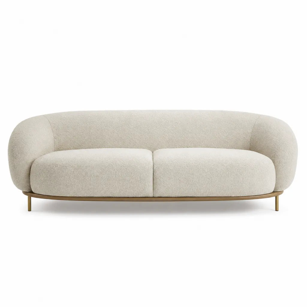 Canape 3 places arrondi en polyester bouclette ecru 220 x 95 x 75 cm