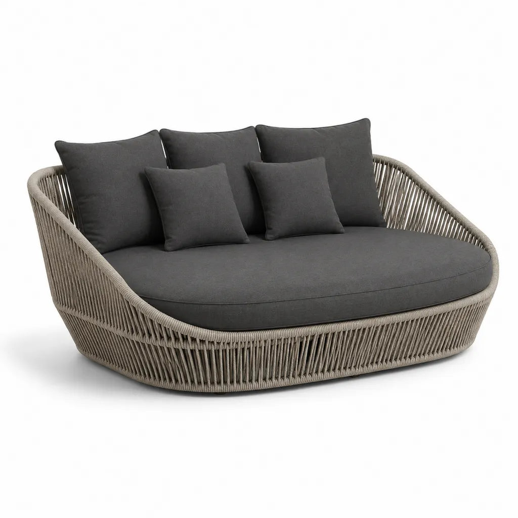 Canape de jardin rond 3 places en aluminium et corde PP gris anthracite beige 180 x 150 x 82 cm
