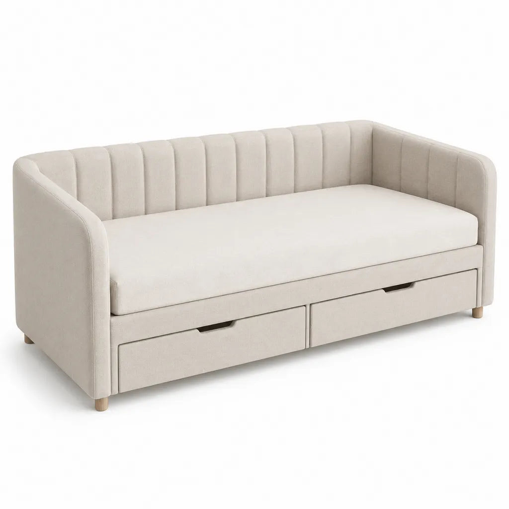 Lit banquette 1 place a dossier capitonne avec 2 tiroirs 193 x 96 x 86 cm polyester beige rectangulaire