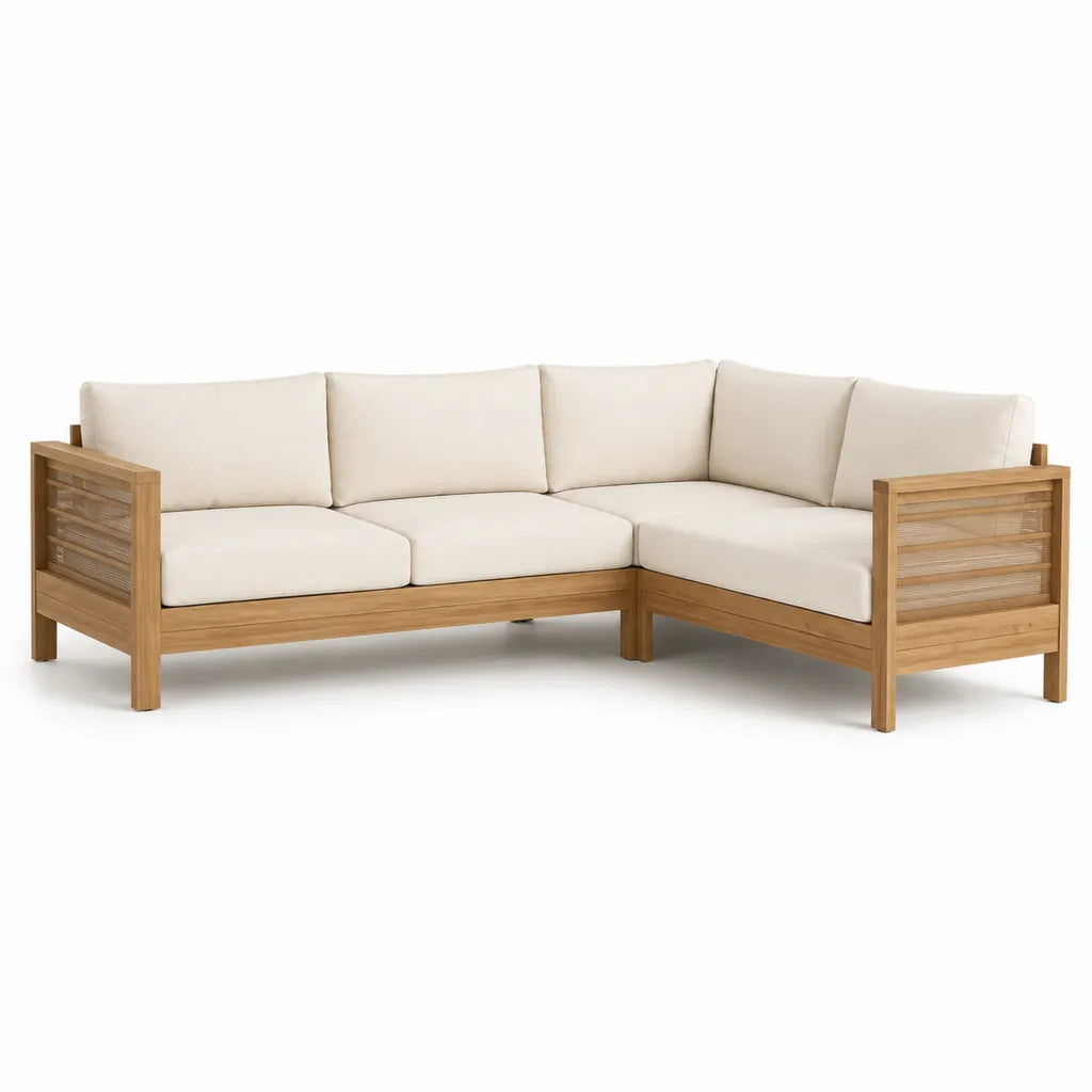 Canape de jardin d'angle 3 places en bois d'acacia massif beige 220 x 140 x 70 cm