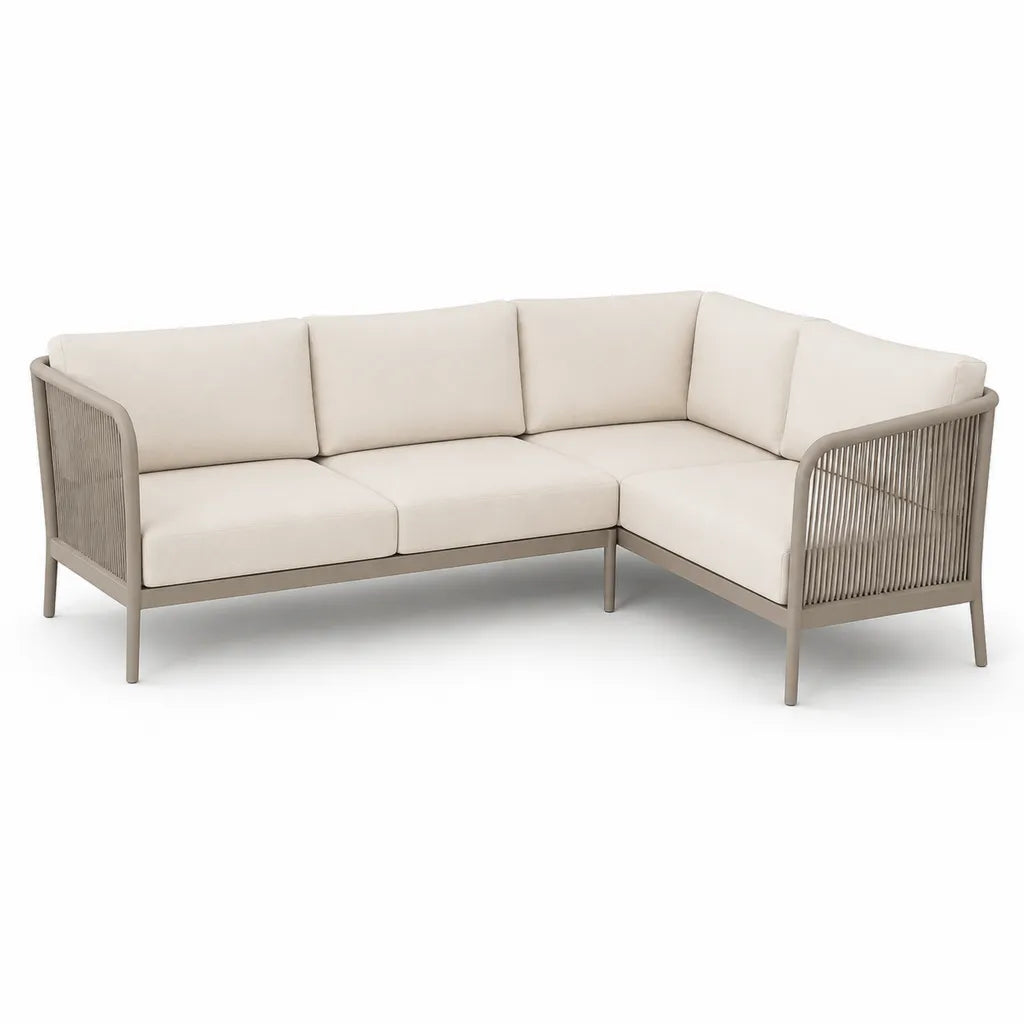 Canape de jardin d'angle 4 places en aluminium et corde tressee beige 220 x 220 x 78 cm