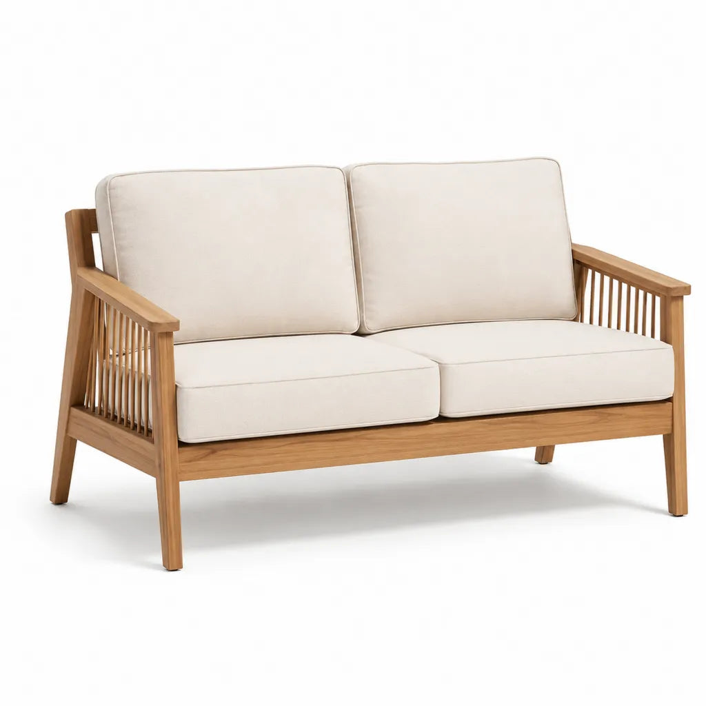 Canape de jardin 2 places en bois d'acacia avec coussins ecrus 130 x 75 x 80 cm