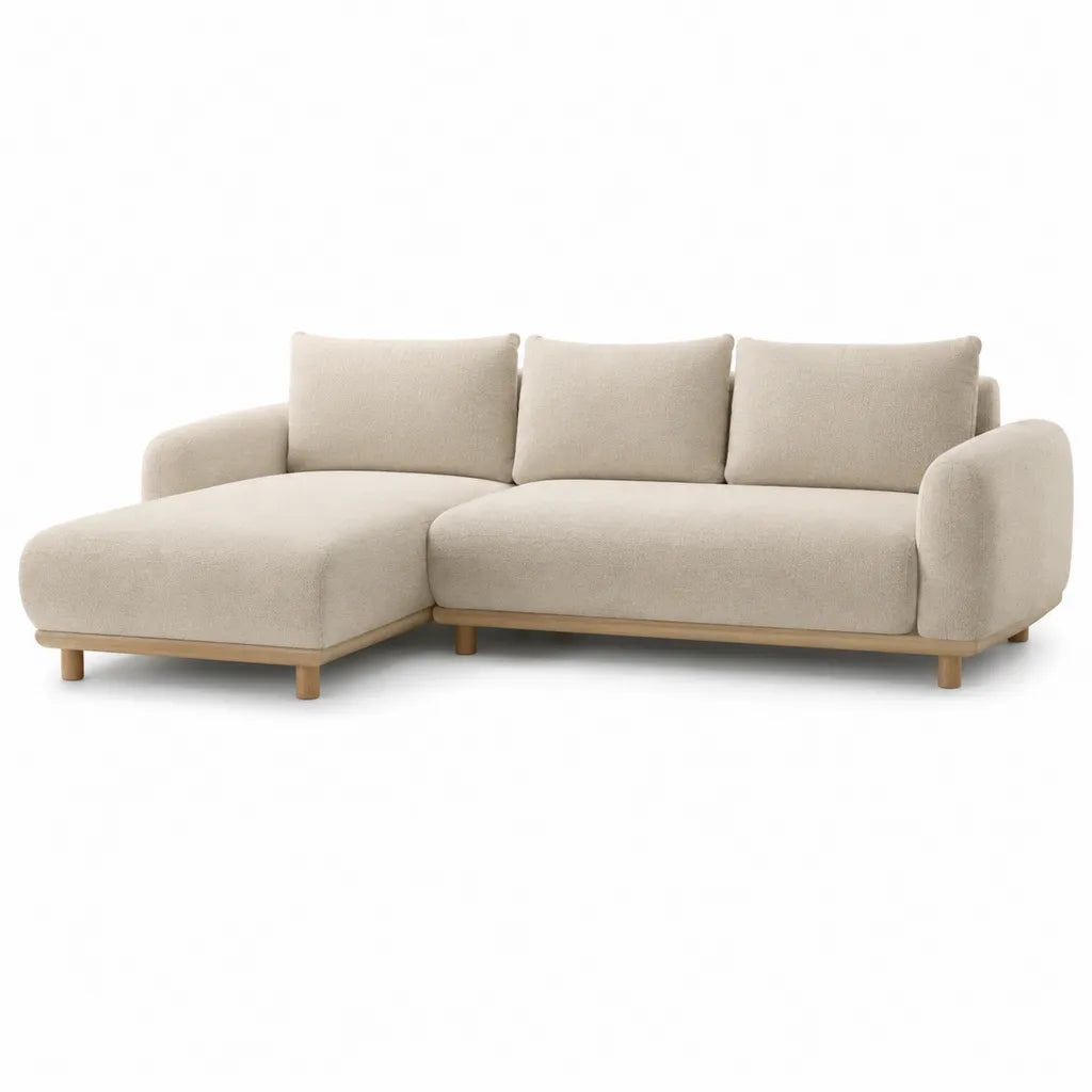 Canape d'angle gauche 3 places avec meridienne 230 x 150 x 82 cm en polyester beige