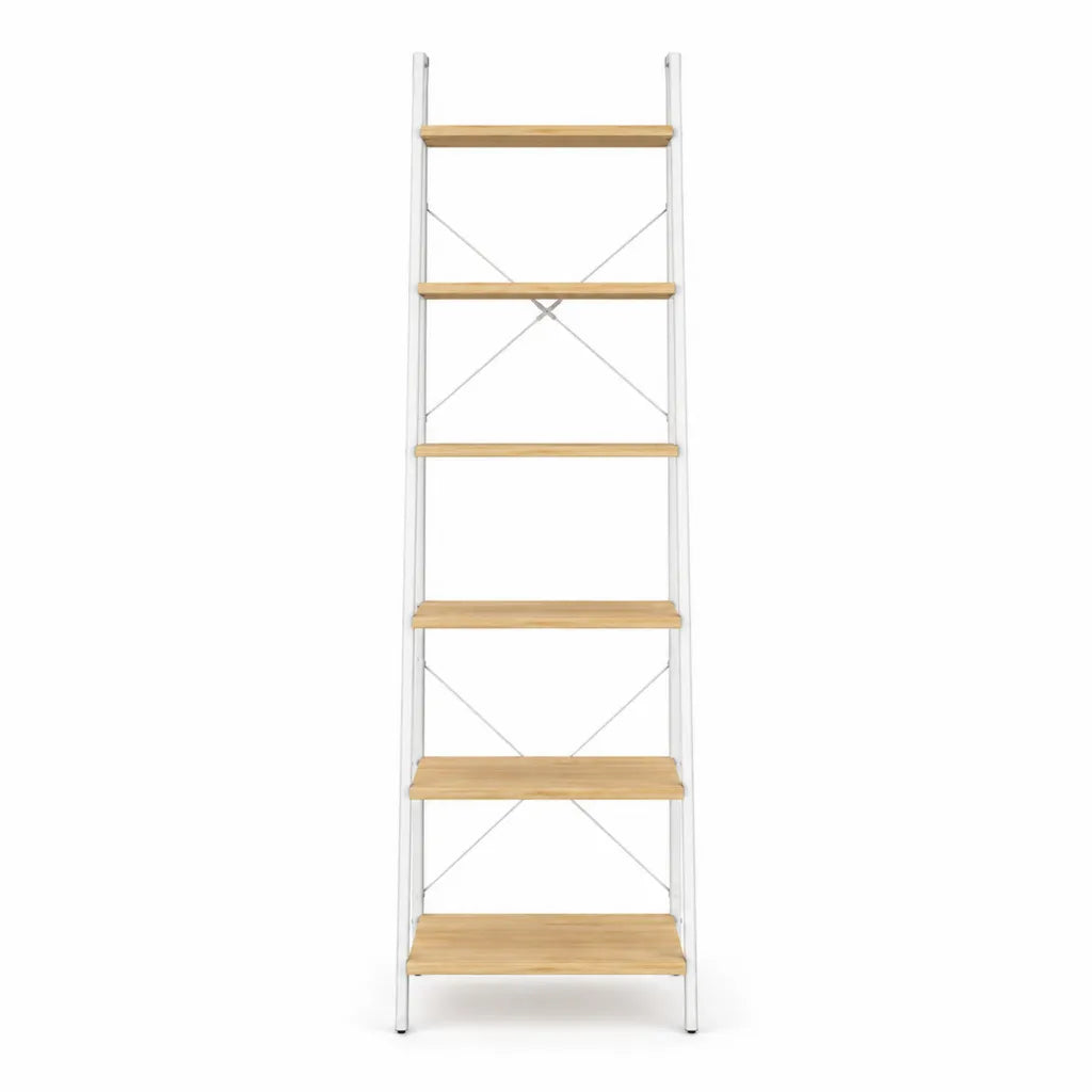 etagere sur pied 6 niveaux en bambou et acier rectangulaire blanc et naturel 60 x 30 x 180 cm