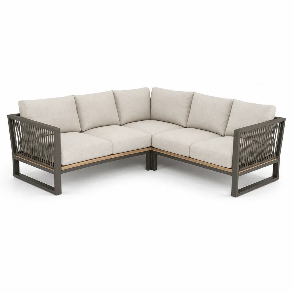 Canape de jardin d'angle 5 places en aluminium et corde tressee beige 250 x 250 x 78 cm