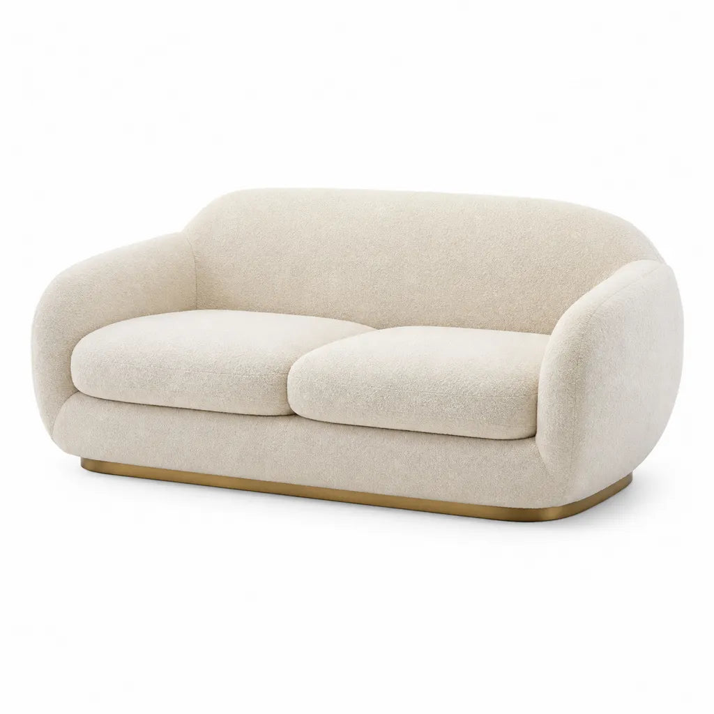 Canape 2 places arrondi en polyester boucle creme avec base doree 170 x 88 x 76 cm