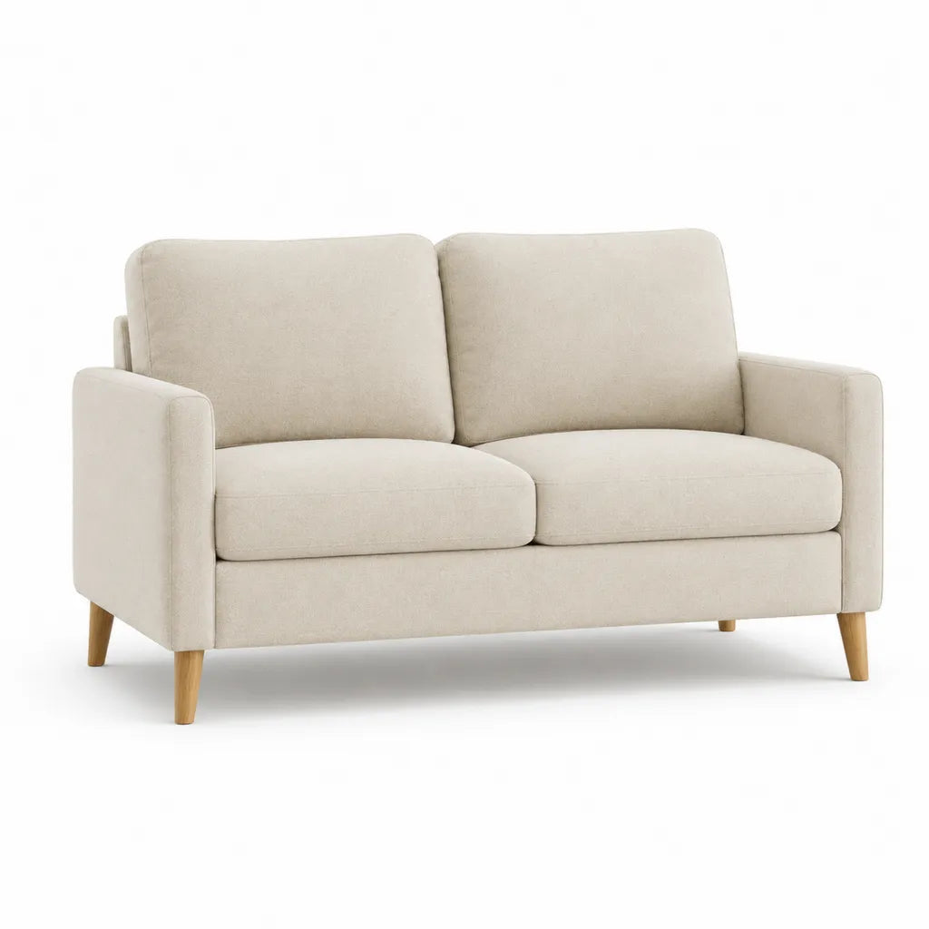 Canape 2 places en polyester beige avec pieds en bois massif 145 x 85 x 85 cm