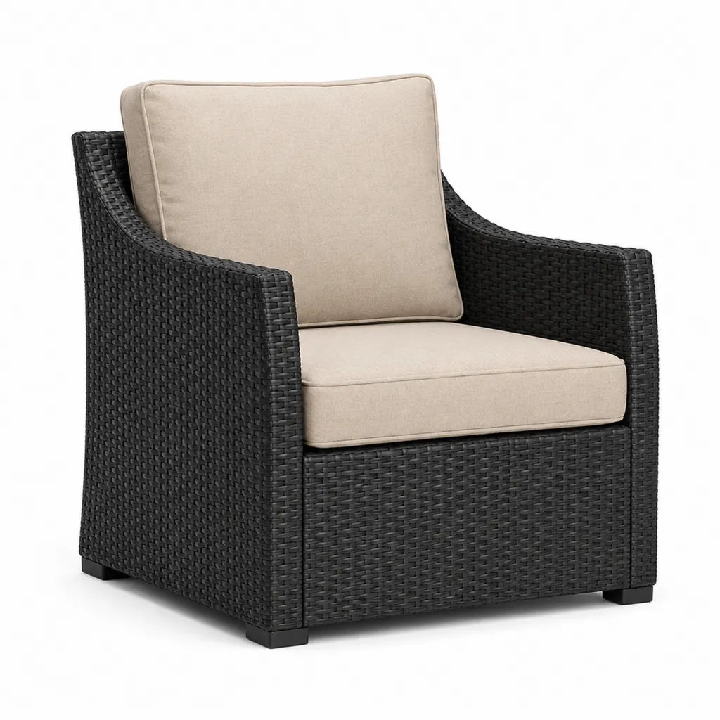 Fauteuil de jardin 1 place en resine tressee PE noir avec coussins en polyester beige 78 x 84 x 88 cm
