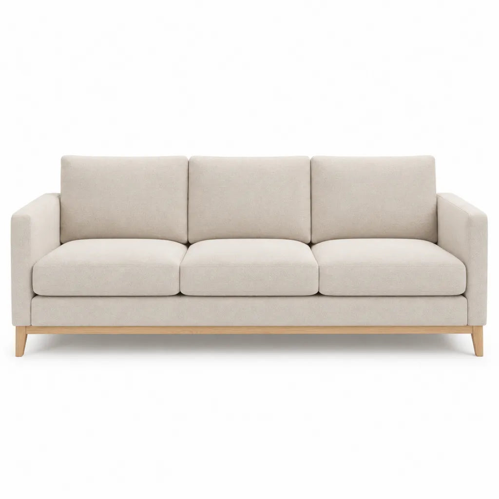 Canape droit 3 places en polyester beige avec pieds en bois massif 210 x 90 x 85 cm