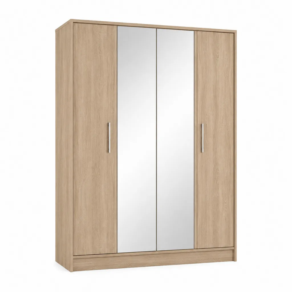 Armoire rectangulaire 4 portes battantes avec 2 miroirs en panneaux de particules melamines chene sonoma 180 x 52 x 200 cm