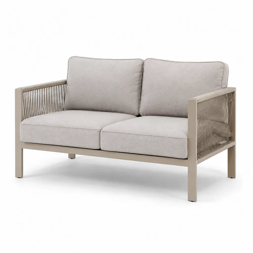 Canape de jardin 2 places en aluminium et corde polyester beige avec coussins 145 x 78 x 75 cm