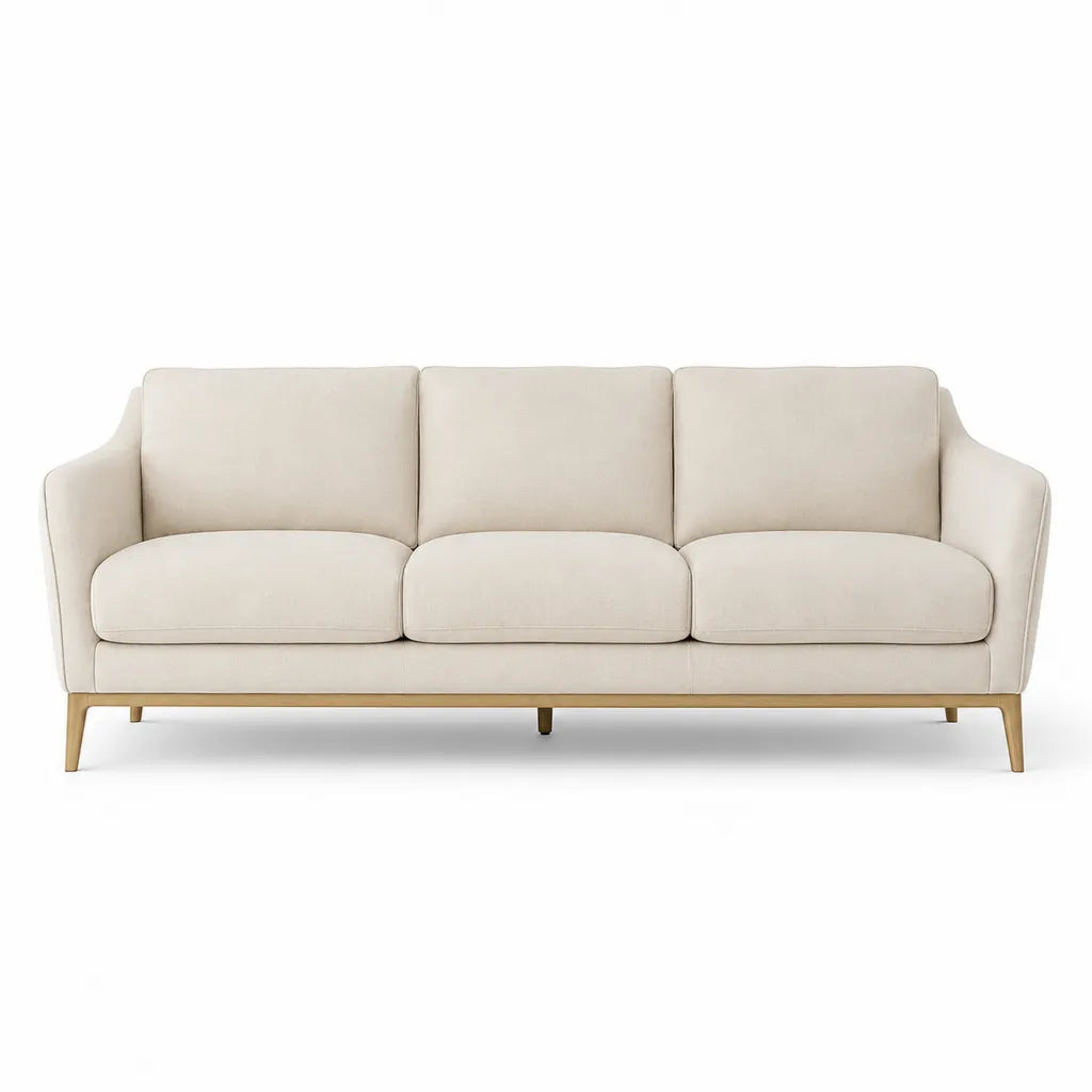 Canape droit 3 places 210 x 90 x 85 cm en polyester creme avec pieds en h¨ºtre massif