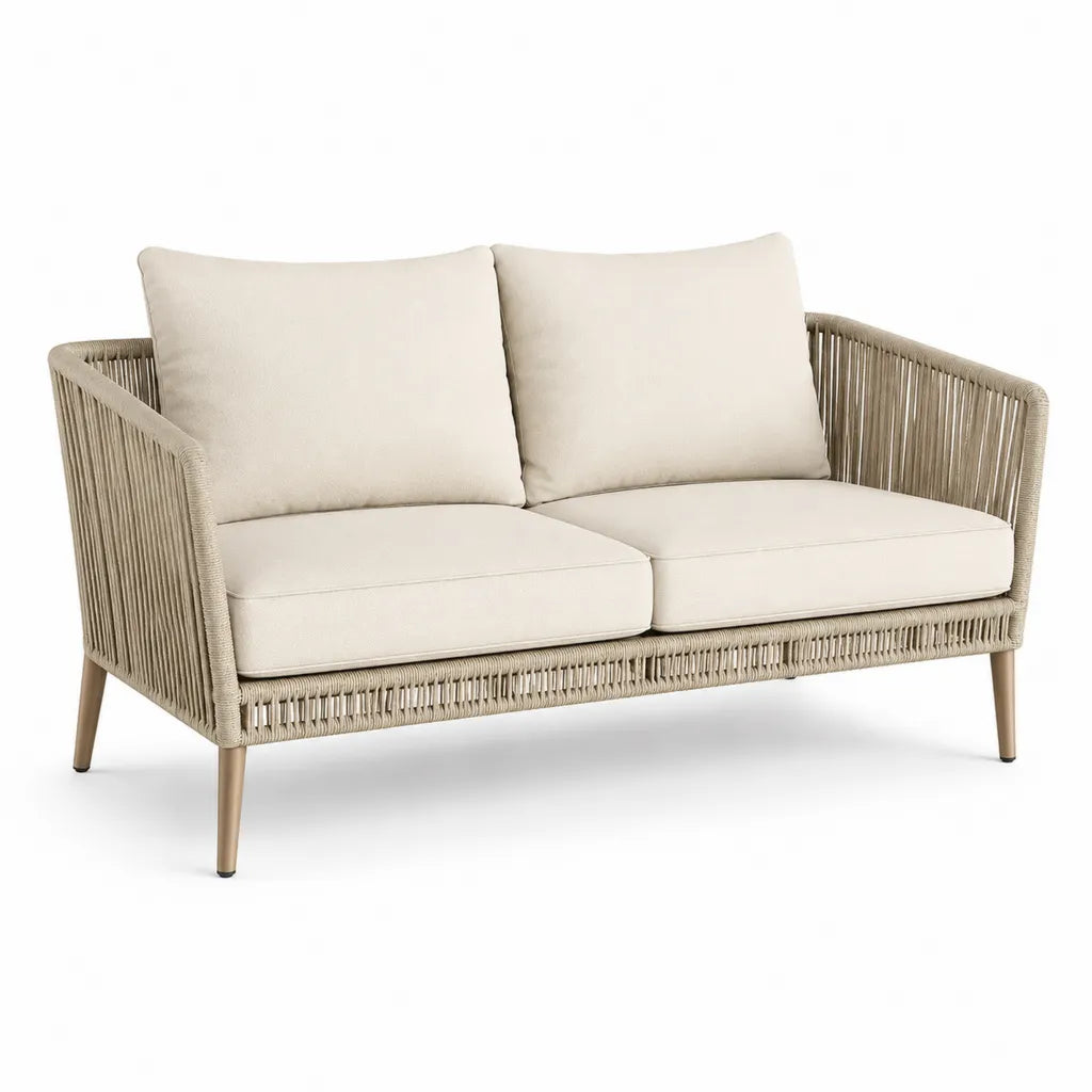 Canape de jardin 2 places rectangulaire en corde PE beige avec coussins creme 140 x 75 x 76 cm