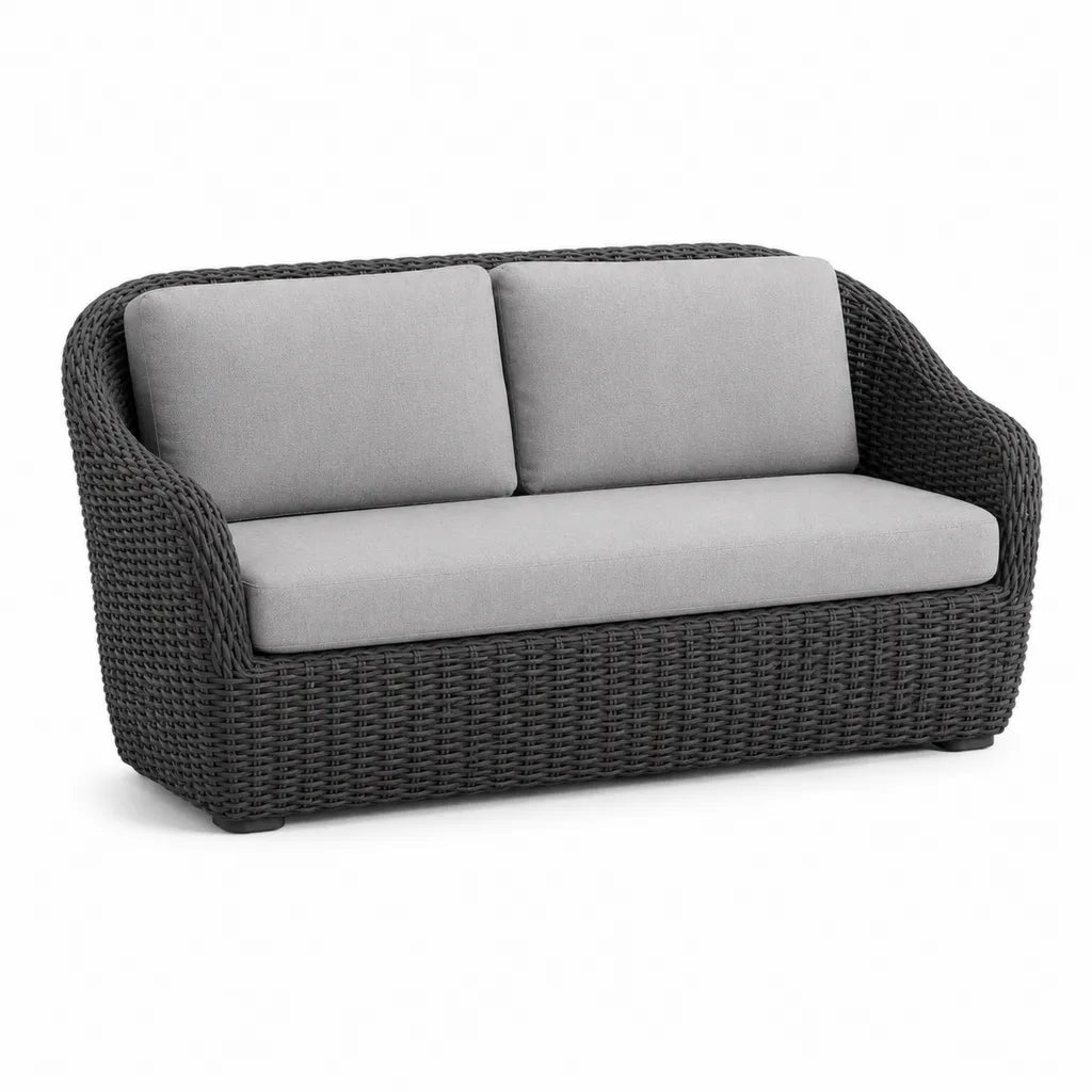 Canape de jardin 2 places en polyethylene tresse rectangulaire gris anthracite avec coussins gris 130 x 75 x 78 cm