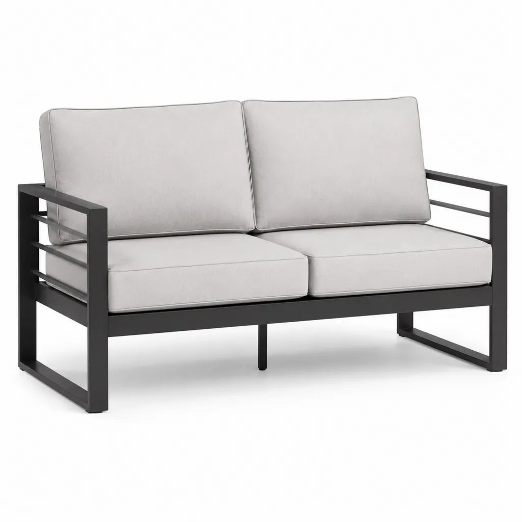 Canape de jardin 2 places rectangulaire en acier thermolaque noir avec coussins en polyester gris 124 x 70 x 76 cm