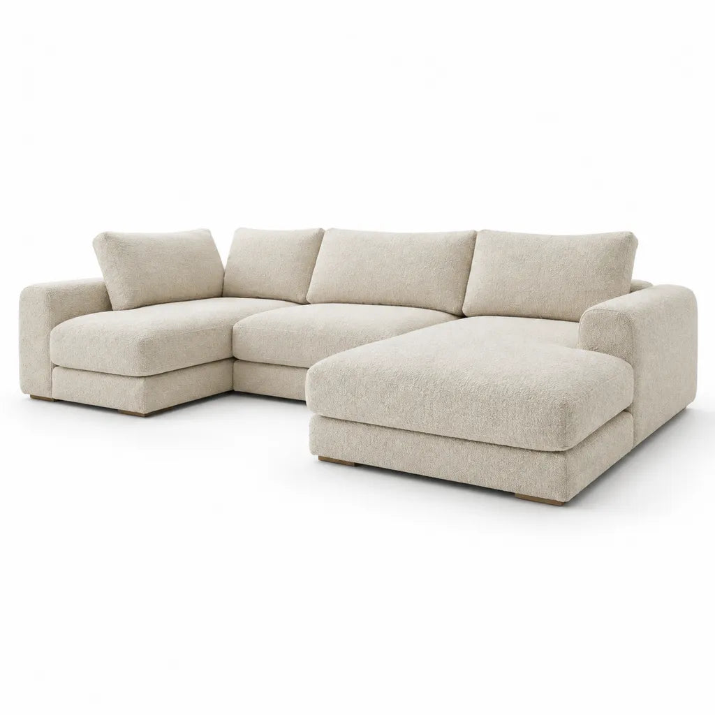 Canape d'angle 4 places en polyester boucle beige 300 x 170 x 85 cm