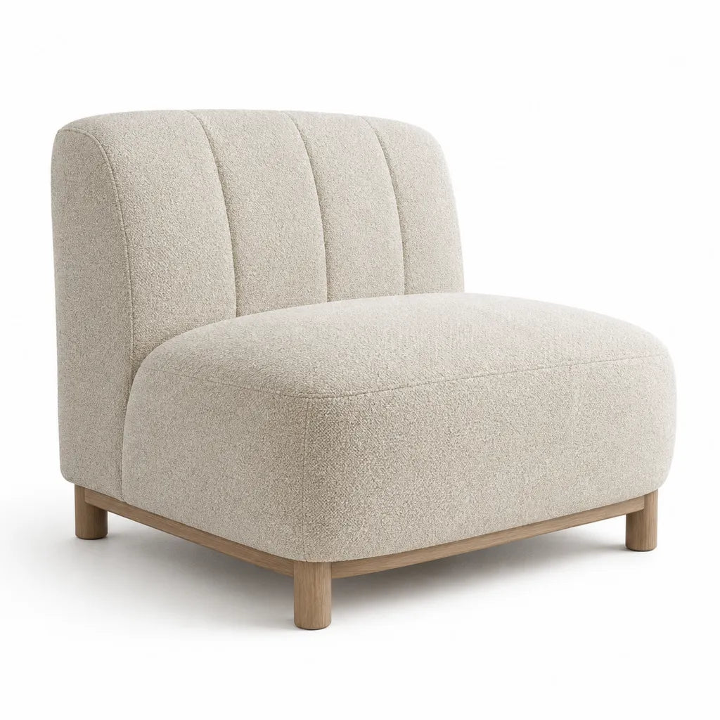 Fauteuil lounge arrondi en polyester bouclette beige avec pieds en hevea massif 82 x 78 x 76 cm