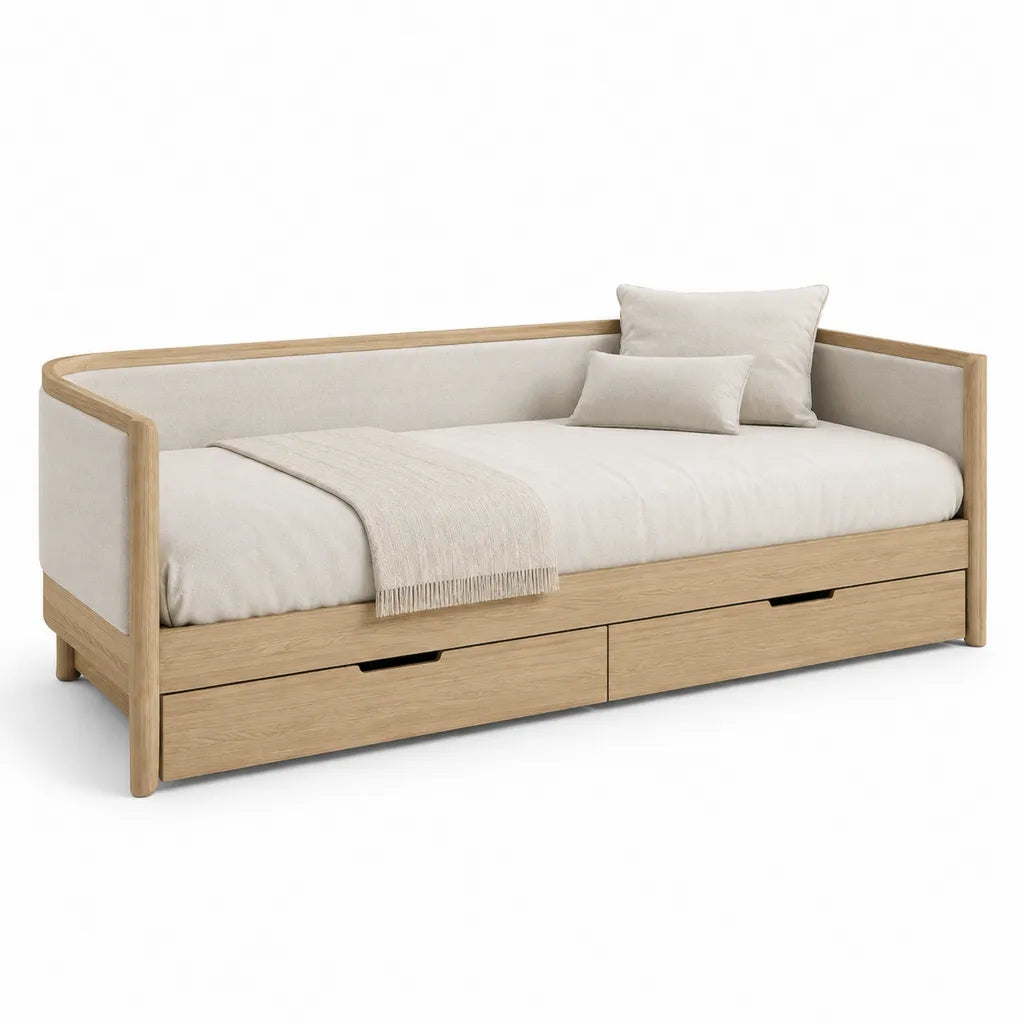 Lit banquette rectangulaire 90 x 200 cm avec 2 tiroirs en hevea et polyester beige chene clair