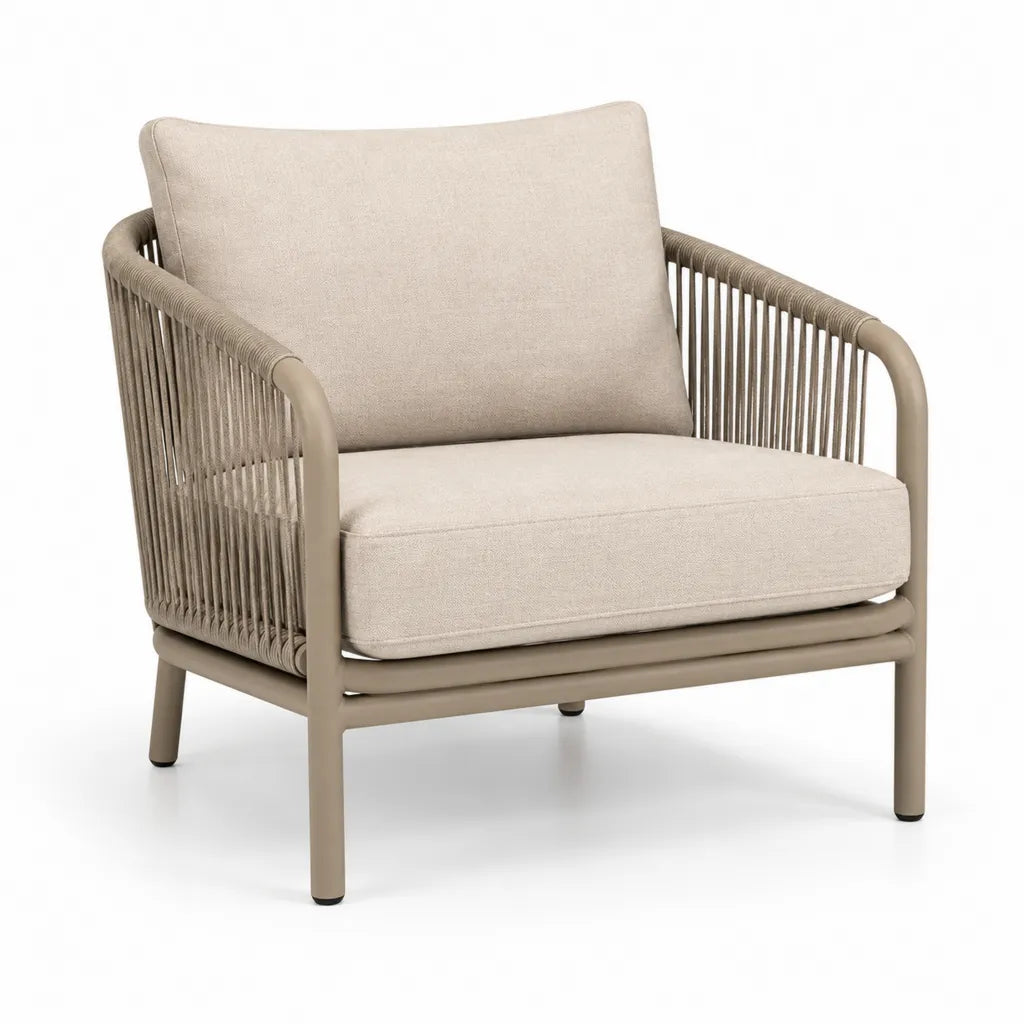 Fauteuil de jardin avec accoudoirs en aluminium et corde tressee beige 76 x 78 x 76 cm