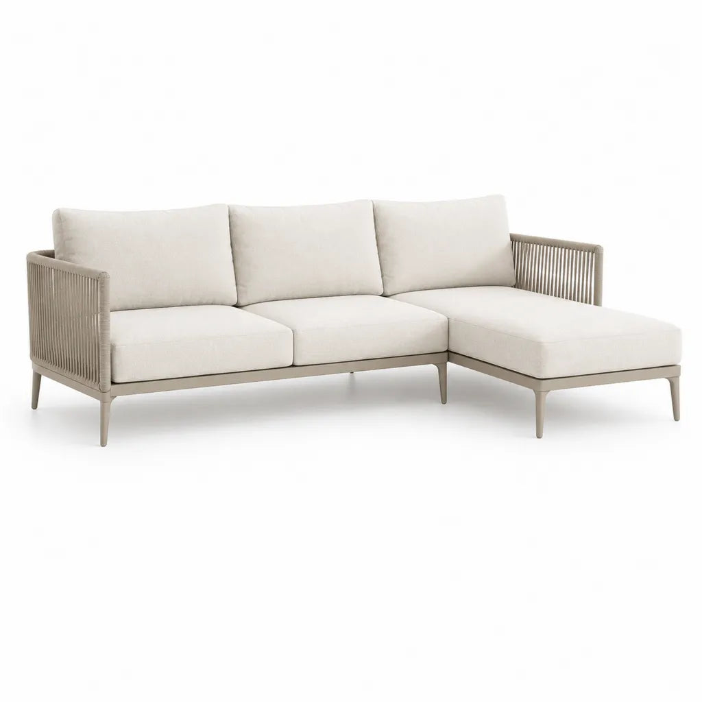 Canape de jardin d'angle 3 places avec meridienne droite en aluminium et polyester beige 220 x 150 x 75 cm