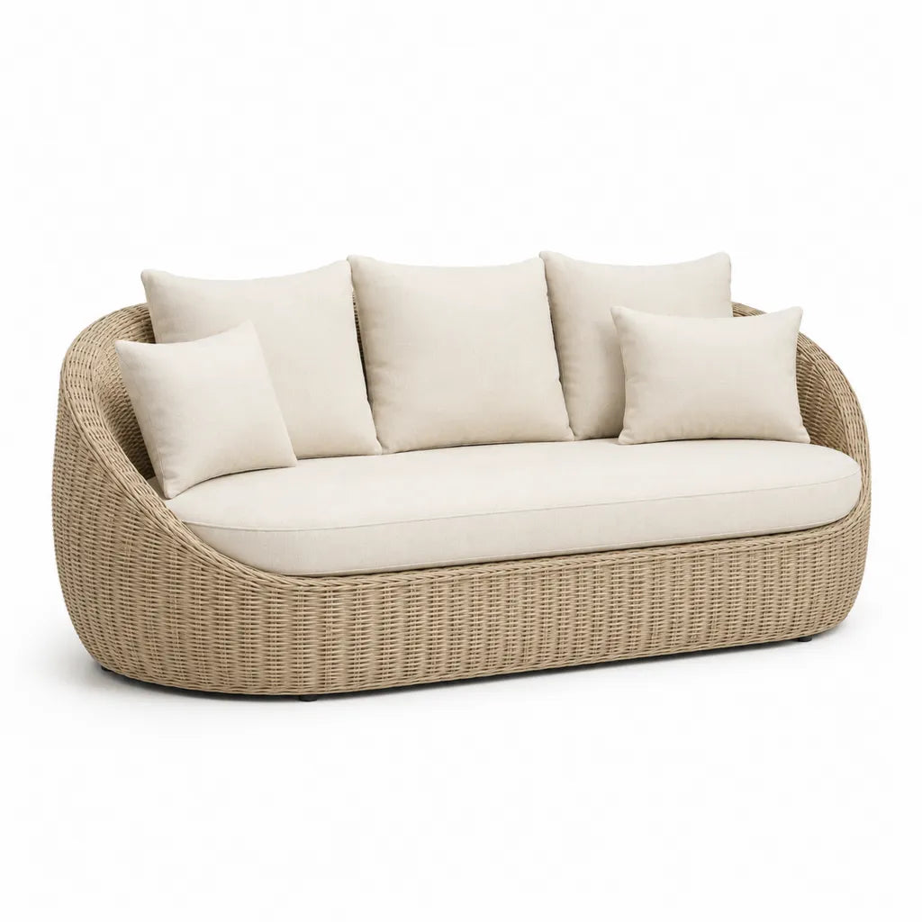 Canape de jardin 2 places arrondi en rotin PE beige avec coussins ecrus 180 x 85 x 75 cm