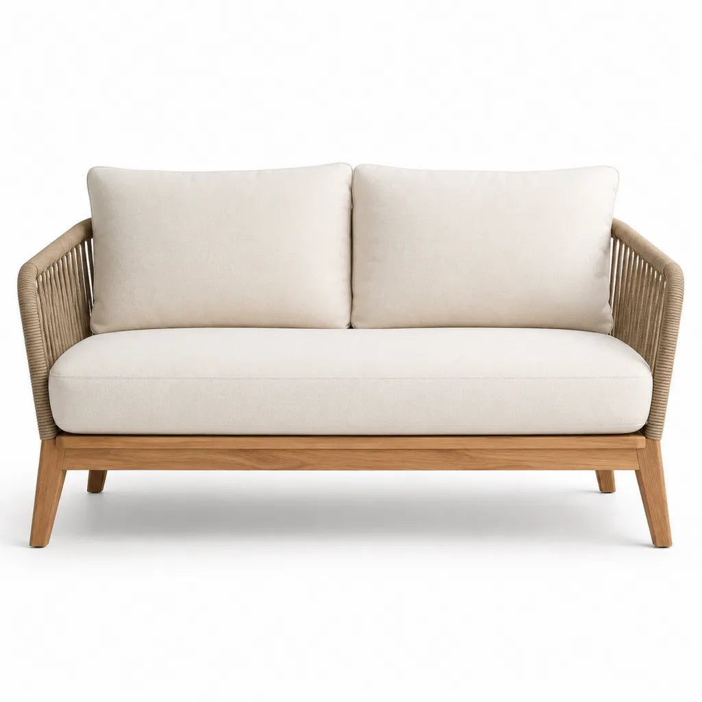 Canape de jardin 2 places en bois massif d'acacia avec corde tressee beige 150 x 75 x 78 cm