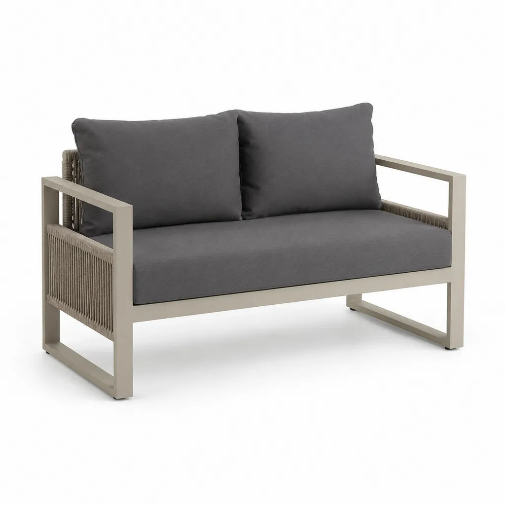 Canape de jardin 2 places en aluminium et corde tressee gris fonce 130 x 75 x 70 cm