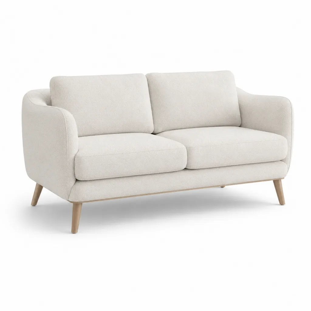 Canape 2 places droit 160 x 82 x 84 cm en polyester ecru avec pieds en bois massif